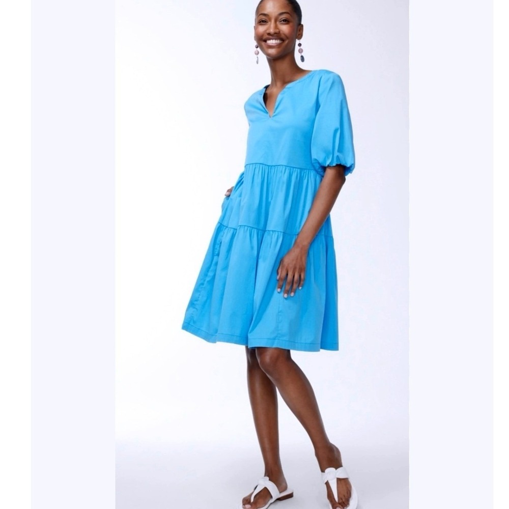 Chico's NWOT Blue Poplin Puff Sleeve Tiered Dress Pockets US 12 - Picture 2 of 10